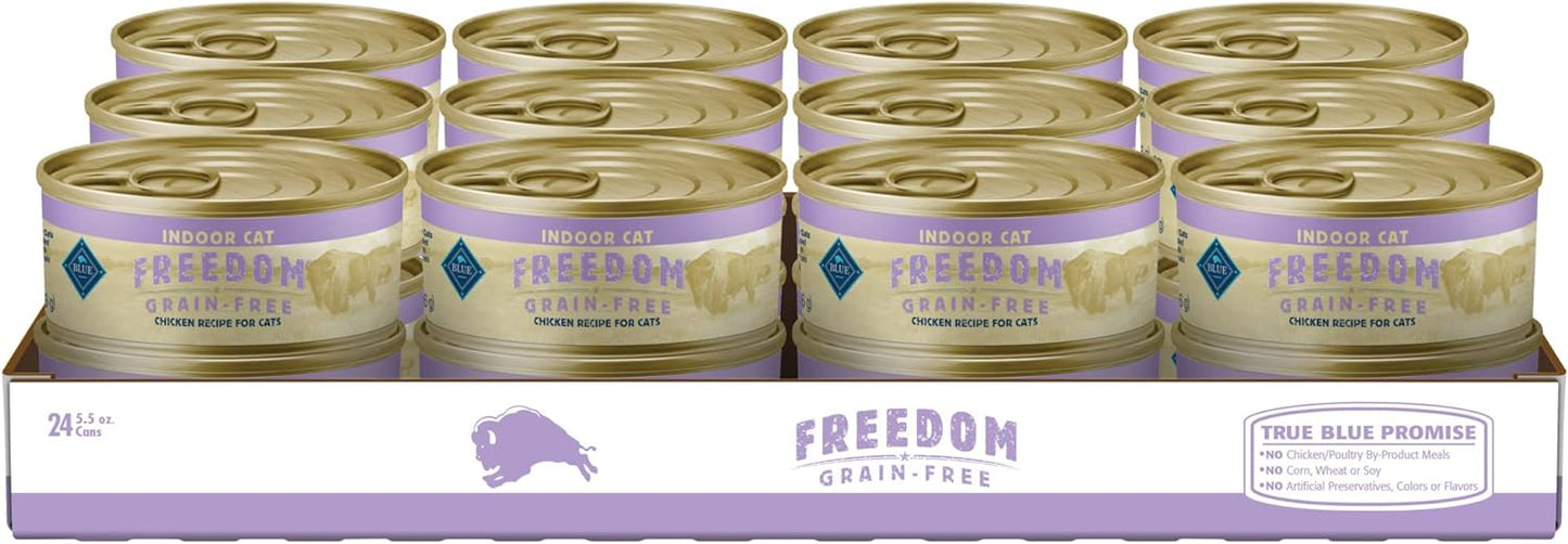 Blue Buffalo Freedom Grain Free Natural Adult Pate Wet Cat Food, Indoor Chicken 5.5-oz cans (Pack of 24)